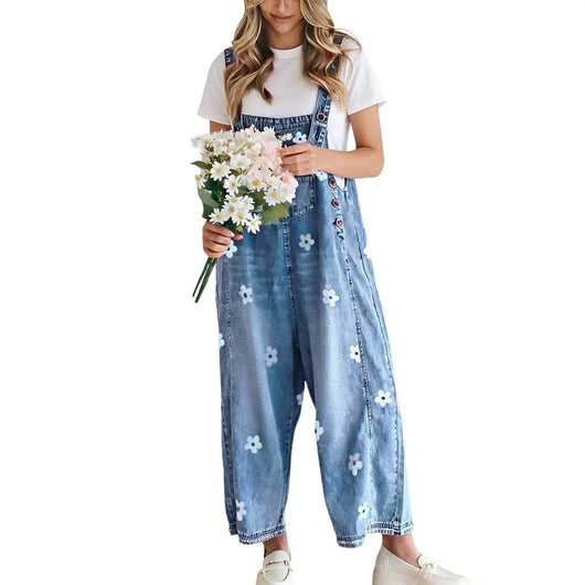 Roman Avell Floral Print Denim Overalls