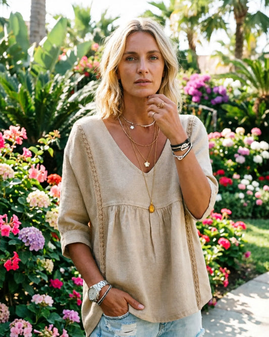 Roman Avell Lace Trim V-Neck Blouse