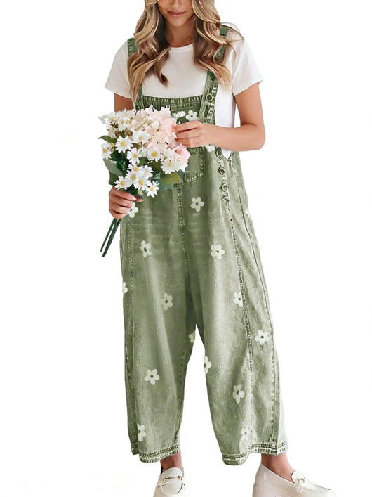 Roman Avell Floral Print Denim Overalls