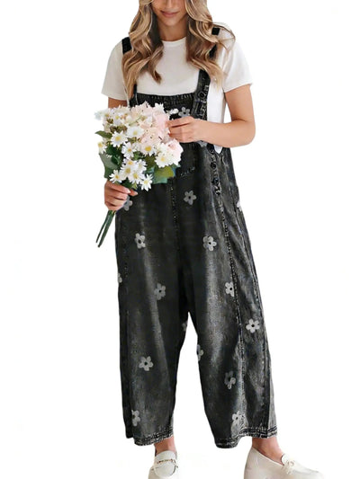 Roman Avell Floral Print Denim Overalls