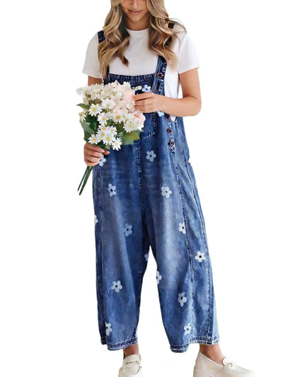 Roman Avell Floral Print Denim Overalls