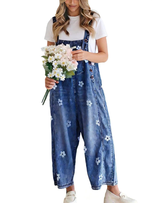 Roman Avell Floral Print Denim Overalls
