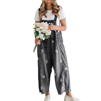 Roman Avell Floral Print Denim Overalls