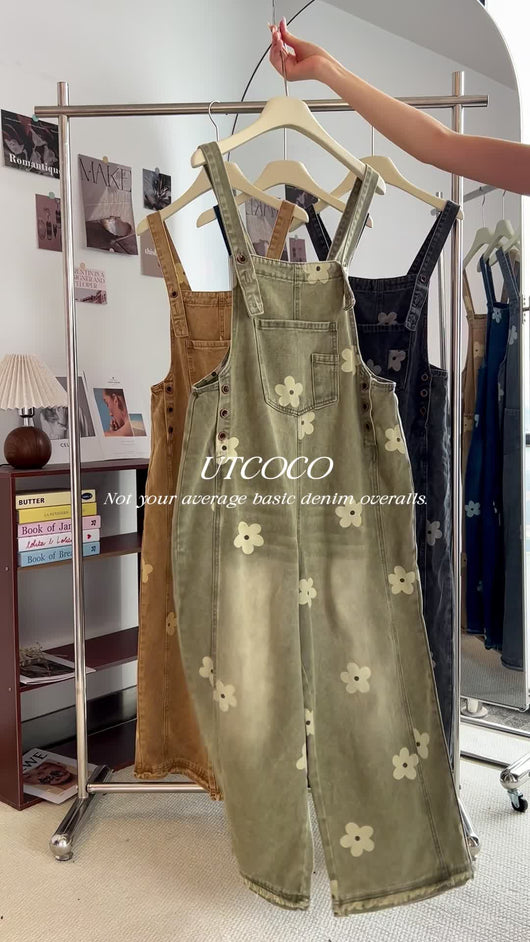 Roman Avell Floral Print Denim Overalls